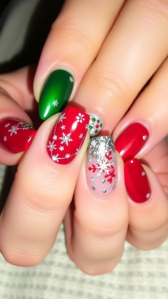 Elegant medium length Christmas nails with red and green polish, snowflakes, and glitter.